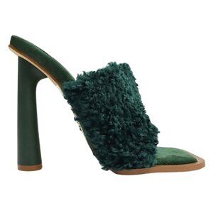 Lemonade Sunny Green Faux Fur Mules Open-Toe Slip On 5” Cylinder Heel Size 7.5